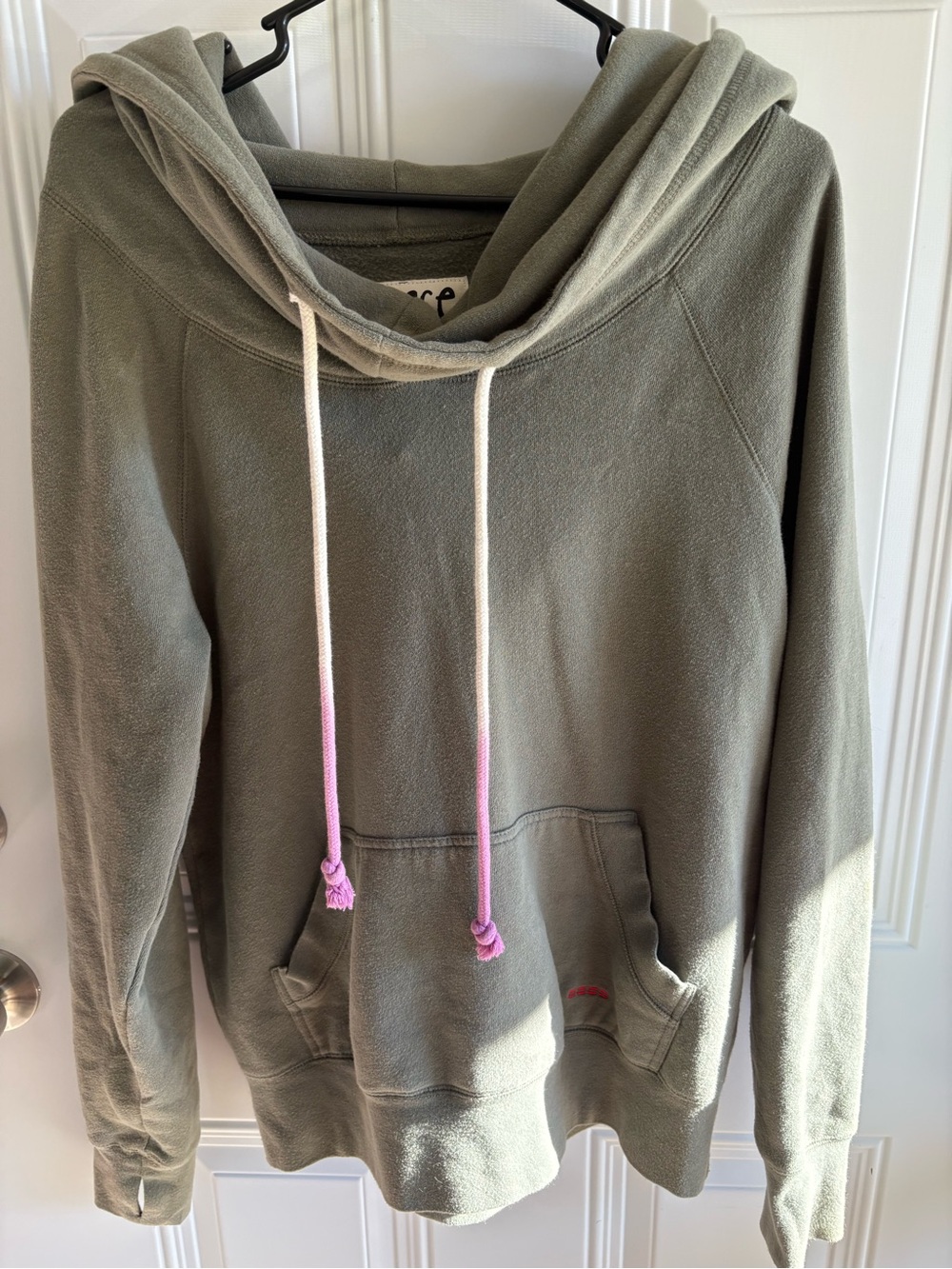 Peace Love World Olive Green Hooded Pullover with Pink Ombre Drawstrings